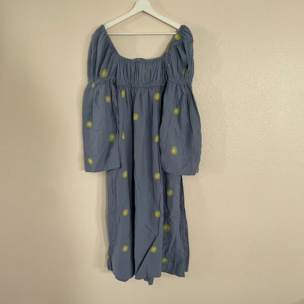 NWOT Free People Sun Embroidery Midi Dress Cottagecore L Blue Summer Linen Boho - Picture 15 of 16